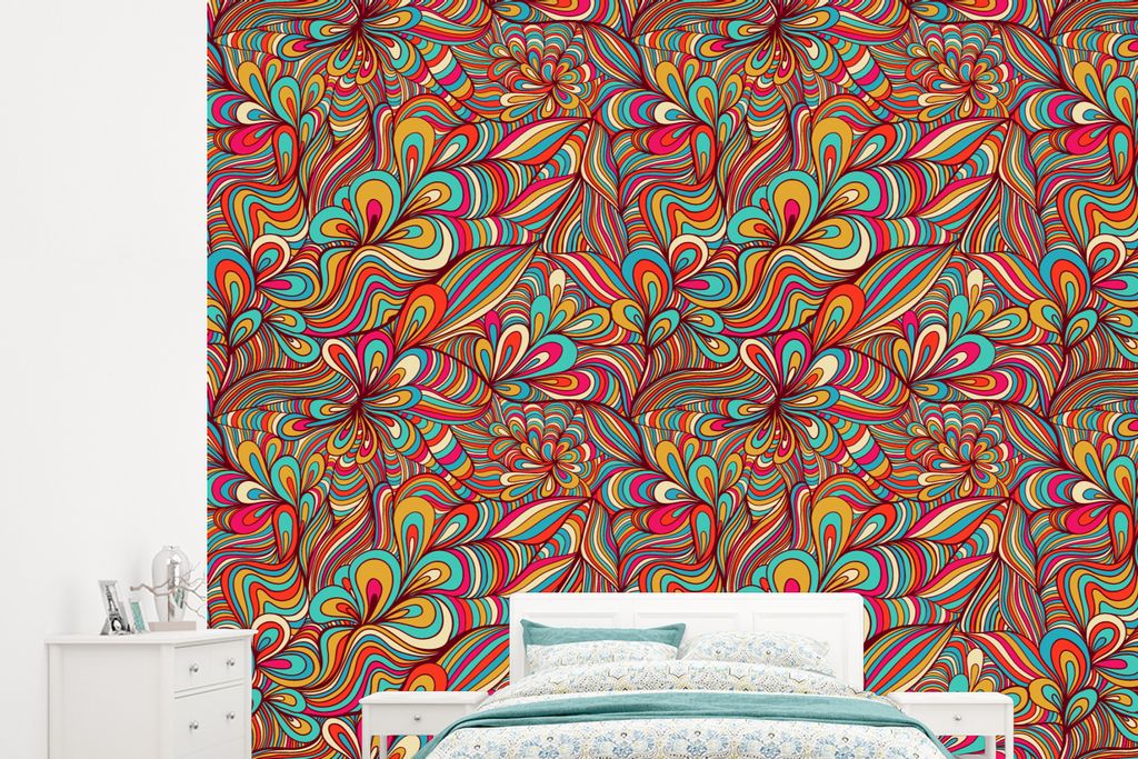 MuchoWow Fototapete für Wohnzimmer oder Schlafzimmer Wandtapete Vinyl Motivtapete Design - 70er Jahre - Fantasie - Farbe - 265x240 cm - Zimmer f...