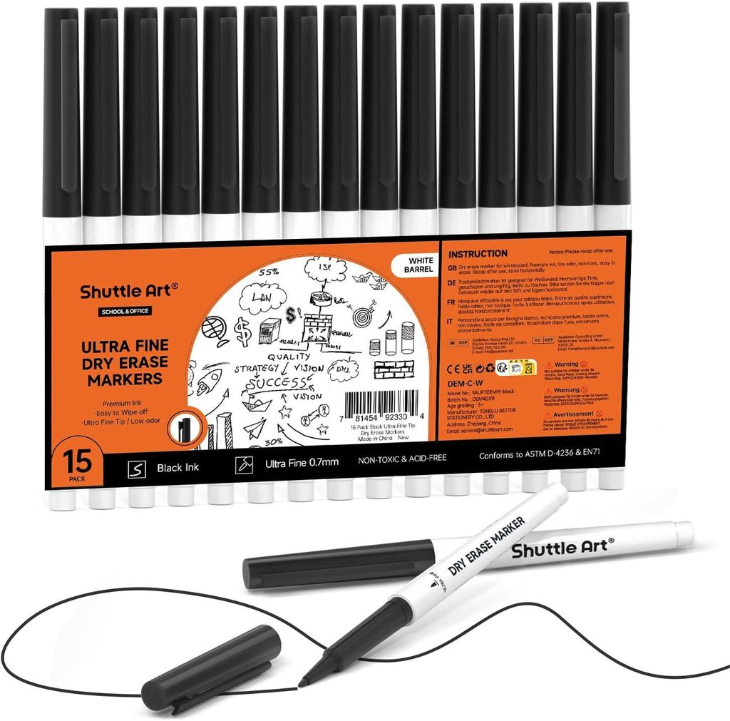 Shuttle Art Whiteboard Stifte, Pack 15 schwarz 0,7 mm Ultra feiner Tipp, ungiftig, abgewischt, Schreiben auf Whiteboard, Planer School, Büro, Zuhause