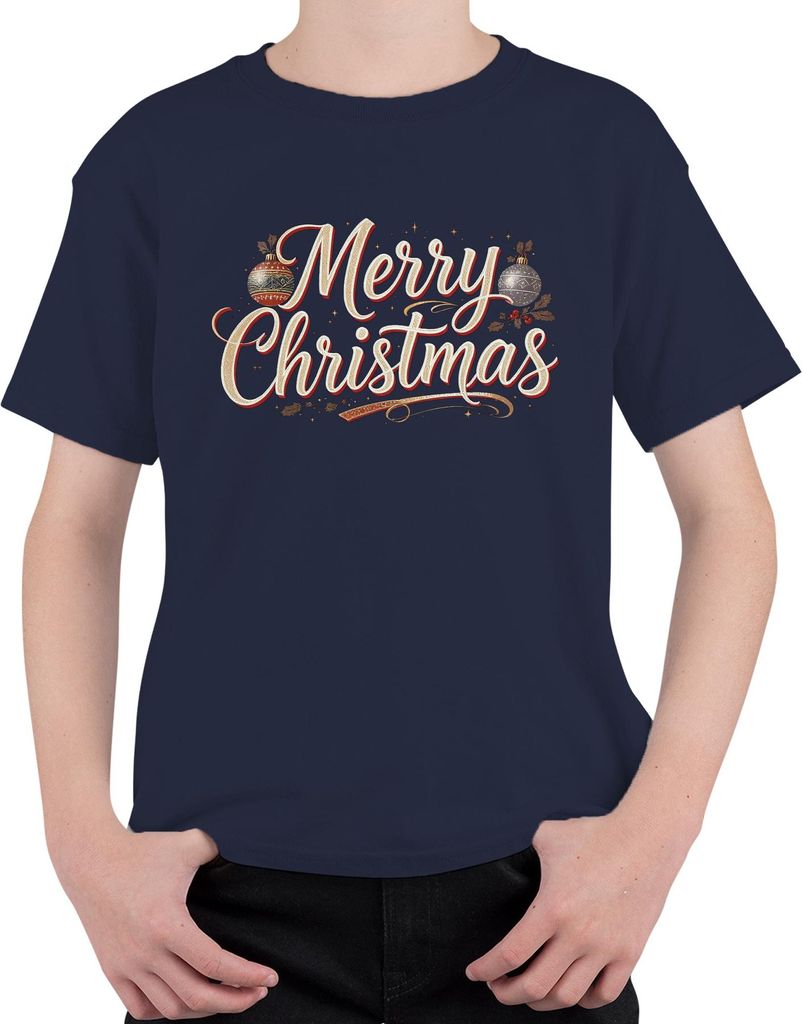 Merry Christmas Weihnachten Weihnachtskugeln Handlettering Retro Uni Kinder T-Shirt, Navy, 152