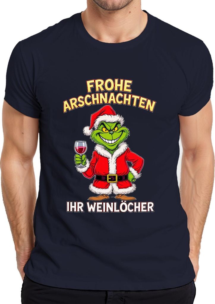 Frohe Arschnachten Weihnachtsgrinch Weinhumor Geschenk Weinparty Herren T-Shirt, Navy, 3XL
