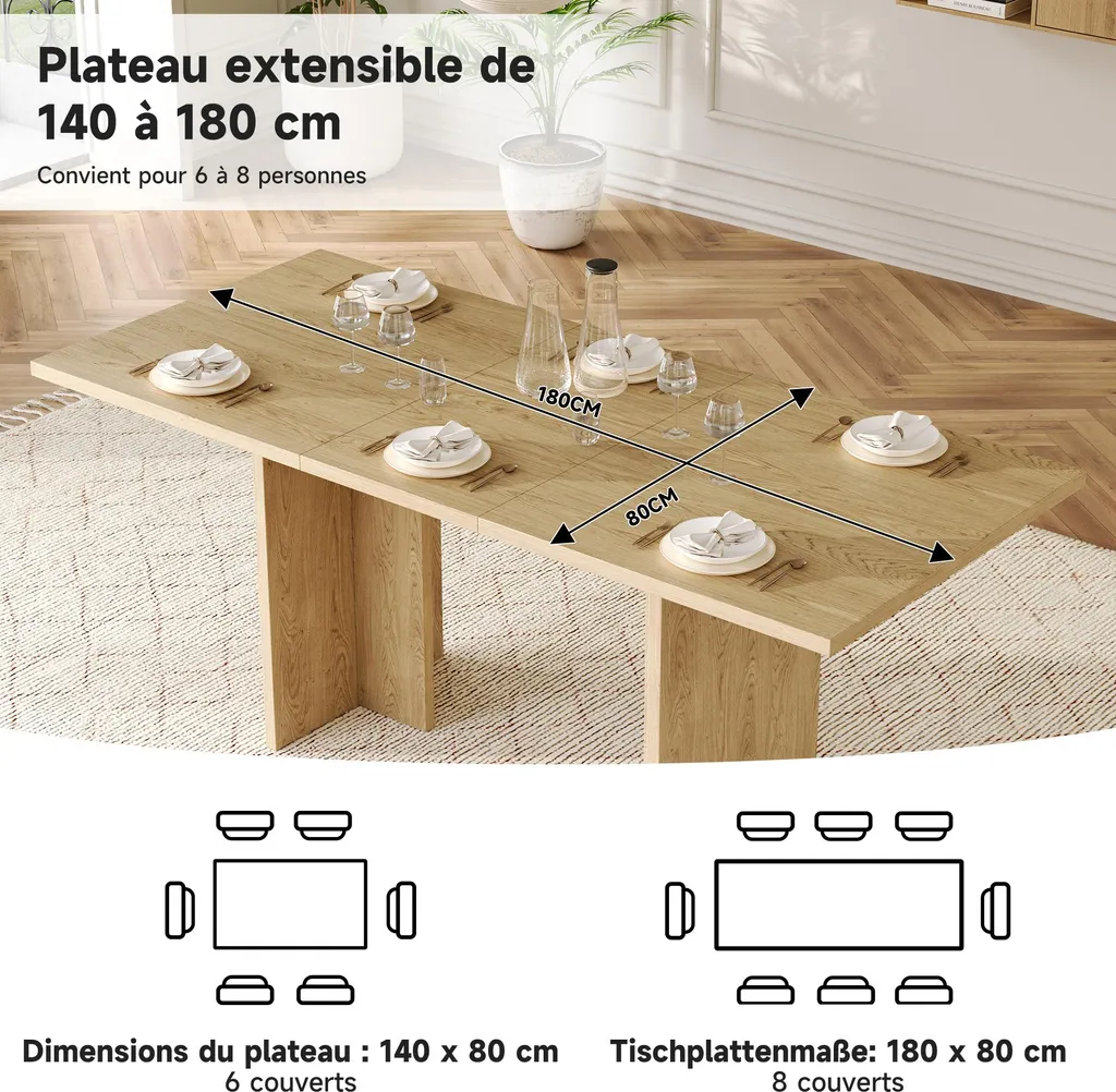 Table à Manger Gain de Place Extensible Chêne - Plateau MDF Anti-Rayures - 5