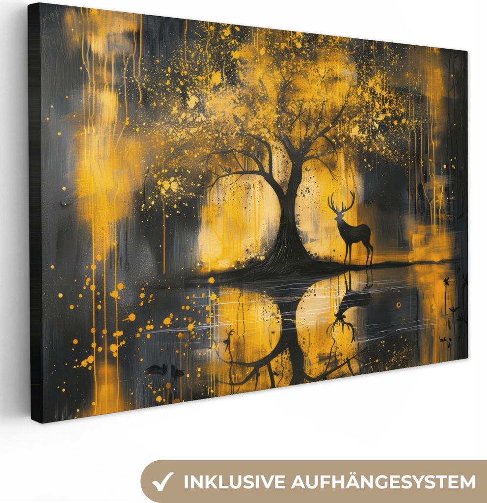 MuchoWow - Leinwandbilder - Baum - Lackierung - Hirsch - Natur - Gold, Wandbild, Wanddeko Bilder Wohnzimmer, 60x40 cm