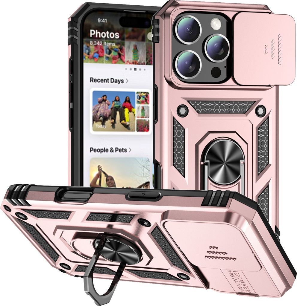 Hülle für iPhone 16 Pro mit Schiebe Kamera Schutz und Ringhalter Ständer Hybrid Schutzhülle Rosa