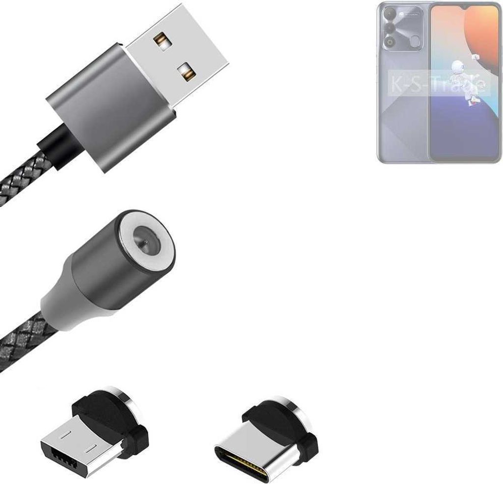 K-S-Trade Hochwertiges Magnet-Lade-kabel Sync-Kabel Daten-Kabel für Tecno Spark 9 mit USB-Typ-C-Anschluss und Micro-USB-Anschluss 2A bis zu 480mbps