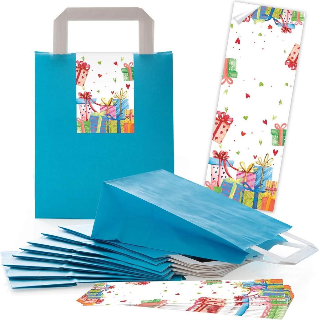 Logbuch-Verlag 25 Geschenktüten blau türkis mit 25 Geschenkaufklebern bunt mit Herzen Geschenkverpackung Geburtstag Kindergeburtstag Weihnachten ...