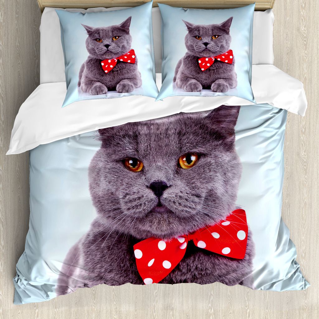 ABAKUHAUS Katze Bettbezug, Grau Scottish Fold Theme, Milbensicher Allergiker geeignet mit Kissenbezügen, 200 cm x 200 cm - 80 x 80 cm, Blassblau P...
