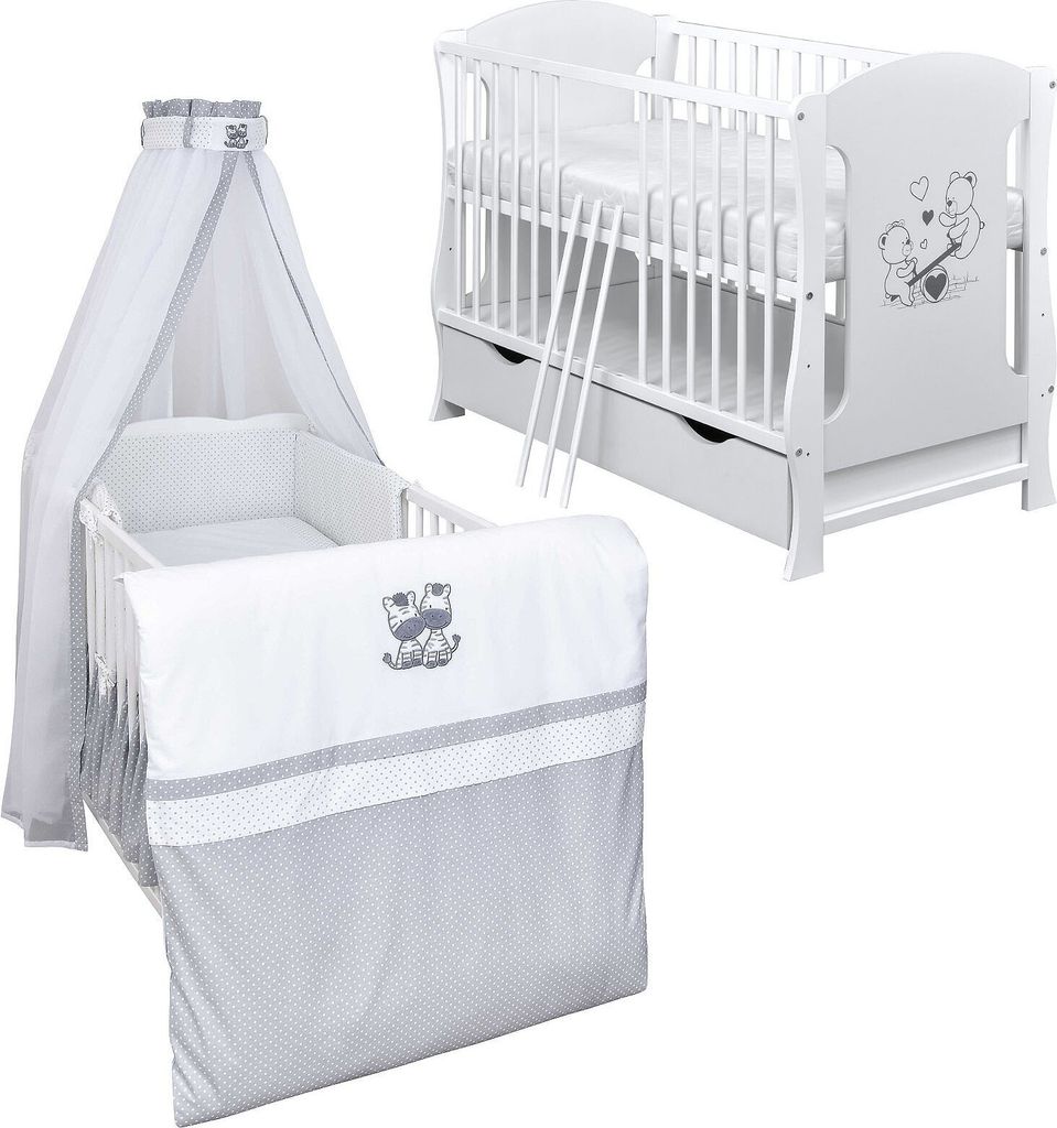 Baby-Delux Babybett Kinderbett Lia 120x60 Teddy Wippe Weiß inkl. Schublade Bettset Komplett Zebra Schaumstoffmatratze