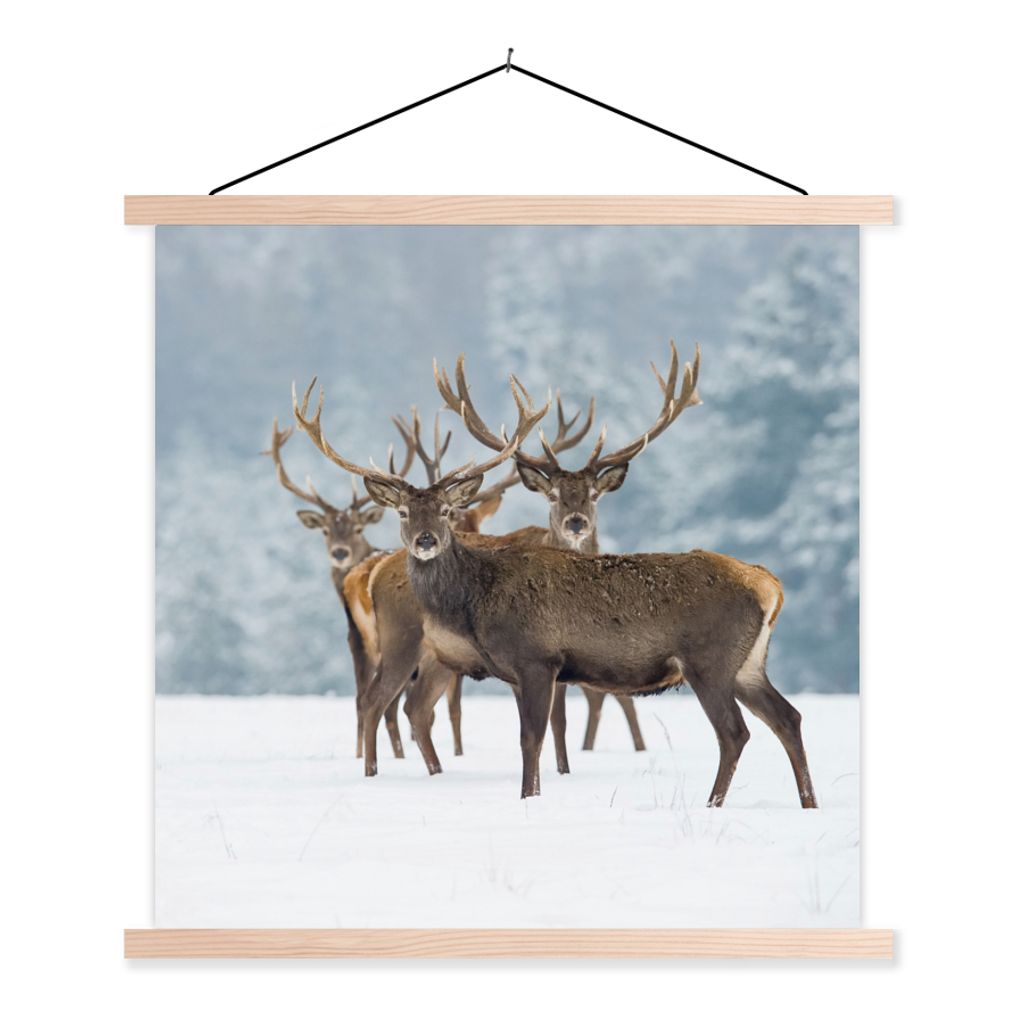 MuchoWow Textilposter Hirsche - Tiere - Schnee - Winter - Landschaft - Natur 60x60 cm mit holzfarbenen Rahmen - Wanddekoration