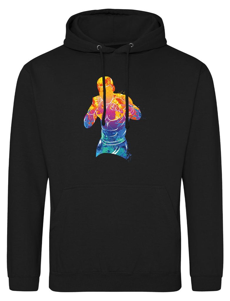Huuraa Uni Hoodie Boxer Spieler bunte Silhouette XXL Deep Black Vegan Sweatshirt Geschenkidee
