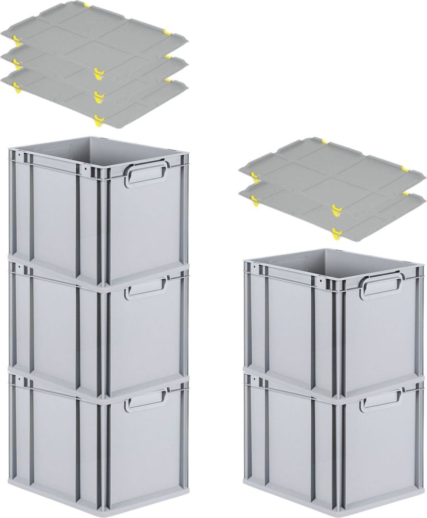 SparSet 5x Eurobox NextGen Economy mit Auflagedeckel und 4x Schiebeschnappverschlüsse Gelb | Griffe geschlossen | HxBxT 32x30x40cm | 30 Liter | Eu...