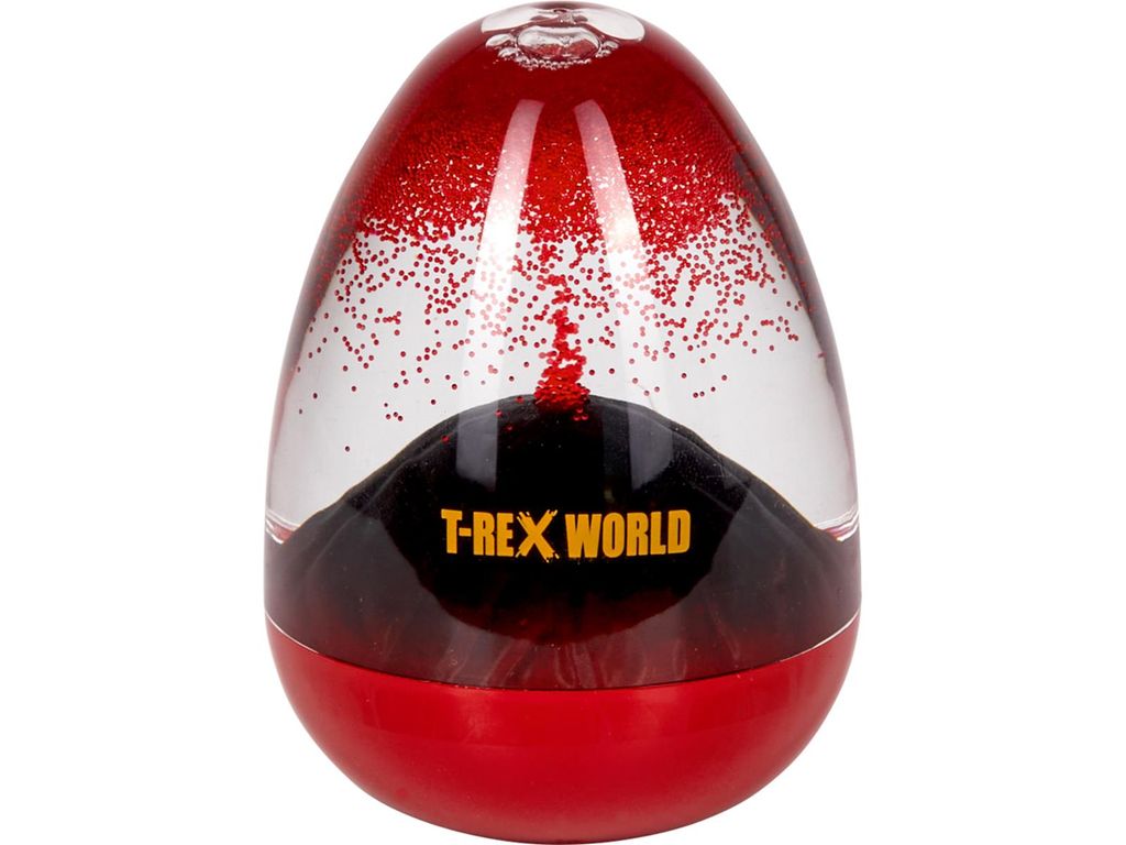 An egg-shaped lava lamp with red glitter suspended in clear liquid above a black volcanic-like base.