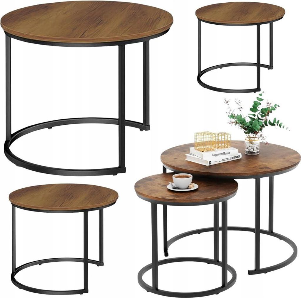 Set runde Couchtische 3in1 Vintage Naturholz 51x40x30cm