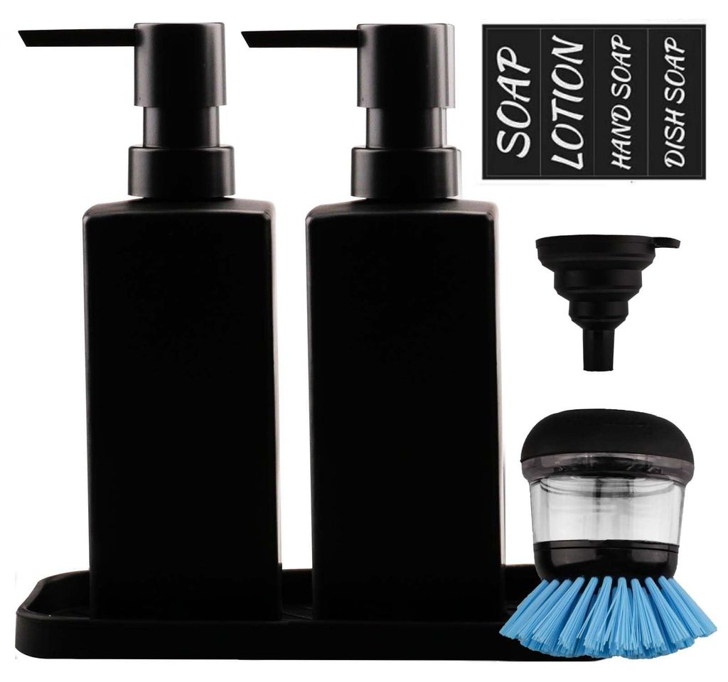 Schwarzer, matter Seifenspender, 2 x 350 ml Glasseifenspender für Küche und Bad, Seifenspender-Set mit Silikon-Spritzschutz und wasserfesten Etik...
