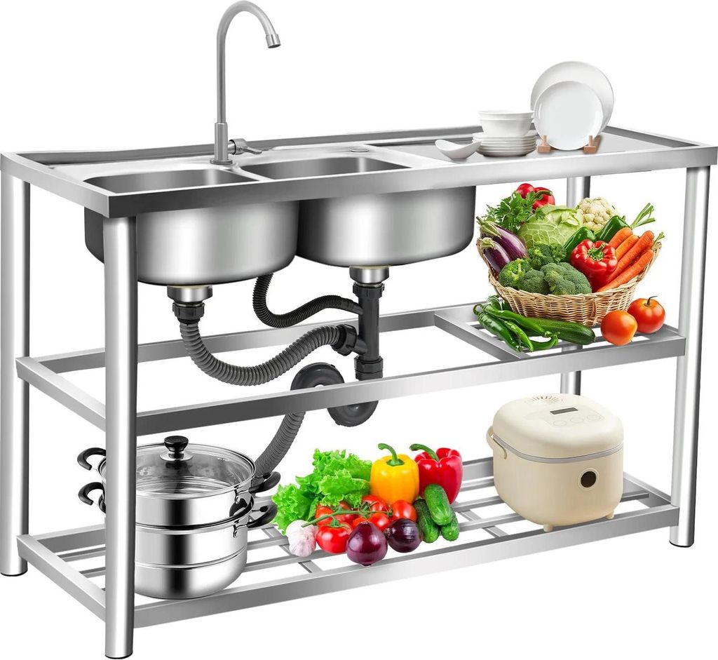 Gastronomie Spültisch - Freistehende Doppelspüle - Edelstahl 201 - Wasserhahn 360° schwenkbar - 3 Ablagen - Tragkraft 100 kg - 120×45×80 cm - ...