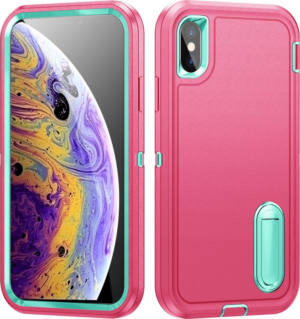 Hülle für iPhone XS /iPhone X Hybrid Dreilagige Robust Stoßfest Schwerlast Schutzhülle mit Ständer Rosa