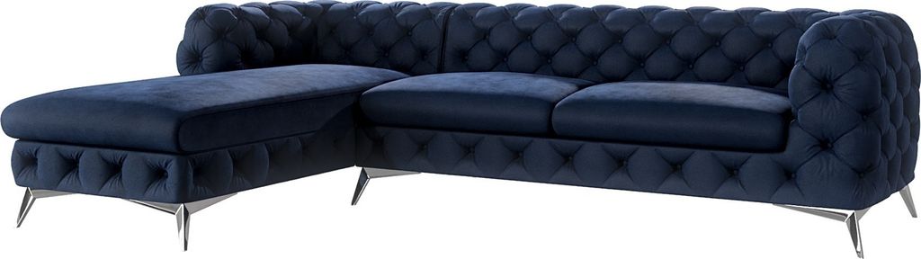 S-STYLE MÖBEL - Chesterfield Ecksofa Cleo mit Ottomane links und Silber Metall Füßen, aus Marineblau Samtstoff, B/T/H: 305 cm/ 200 cm/ 75 cm