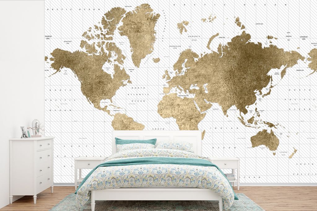 MuchoWow Fototapete für Wohnzimmer oder Schlafzimmer Wandtapete Vinyl Motivtapete Weltkarte - Gold - Glitter - 330x220 cm - Fototapeten