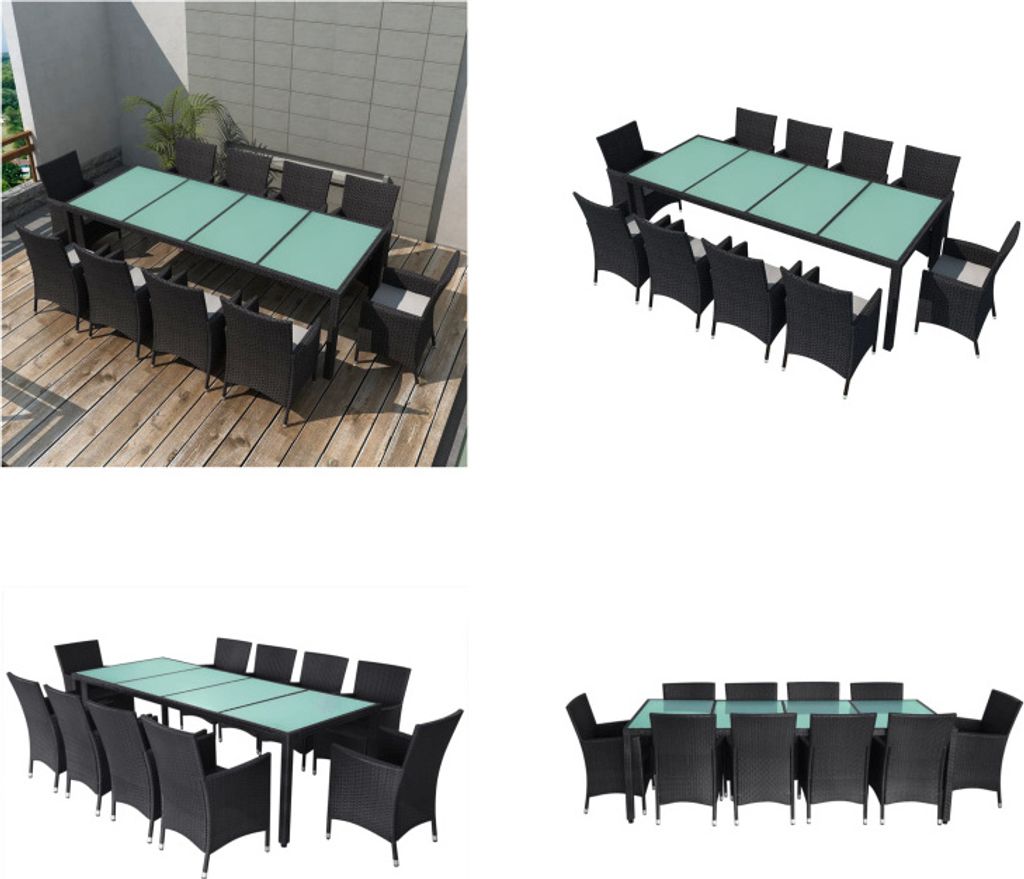vidaXL 11 tlg. Garten Essgruppe mit Auflagen Poly Rattan Schwarz - Gartenmöbel-Set - Gartenmöbel-Sets - Gartentisch Und Stühle - Gartentische Un...