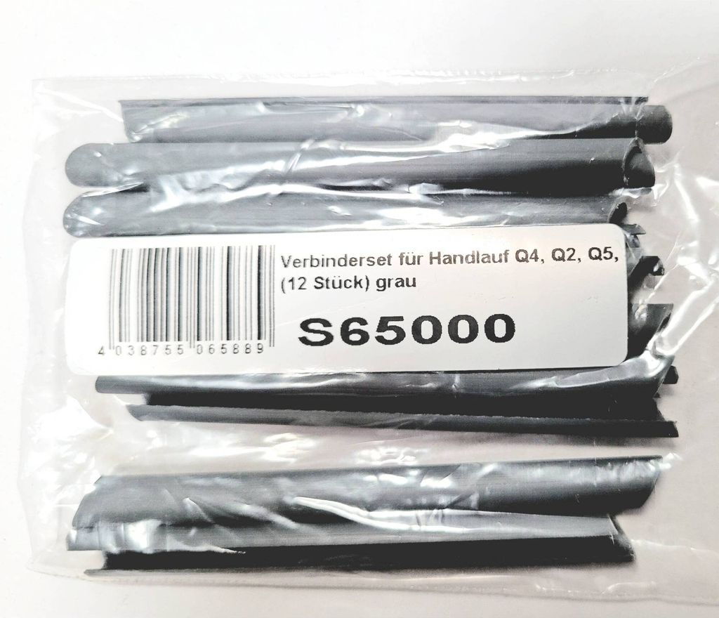 A clear plastic bag containing multiple gray profile connectors for a pool handrail.