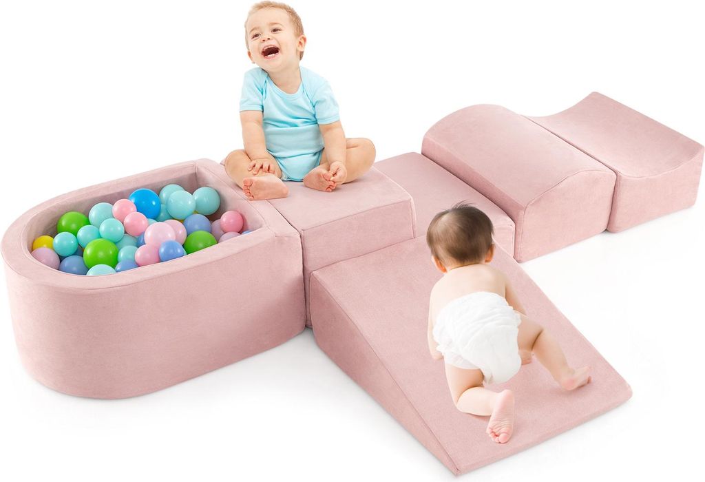 GOPLUS Schaumstoffbausteine ohne Ozeanbälle, 5-teiliges Softbausteine mit Wildlederbezug, Hochdichtes Schaumstoff, Weiche Riesenbausteine, Rosa