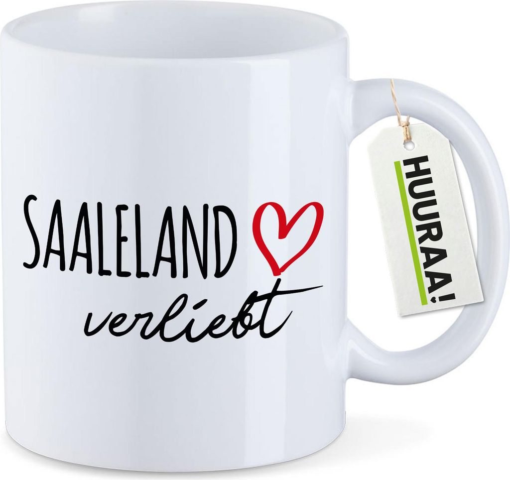 Huuraa Kaffeetasse Saaleland verliebt 330ml Weiß Keramik Kaffeebecher Geschenkidee