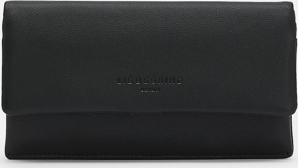 A black leather wallet is shown against a white background.