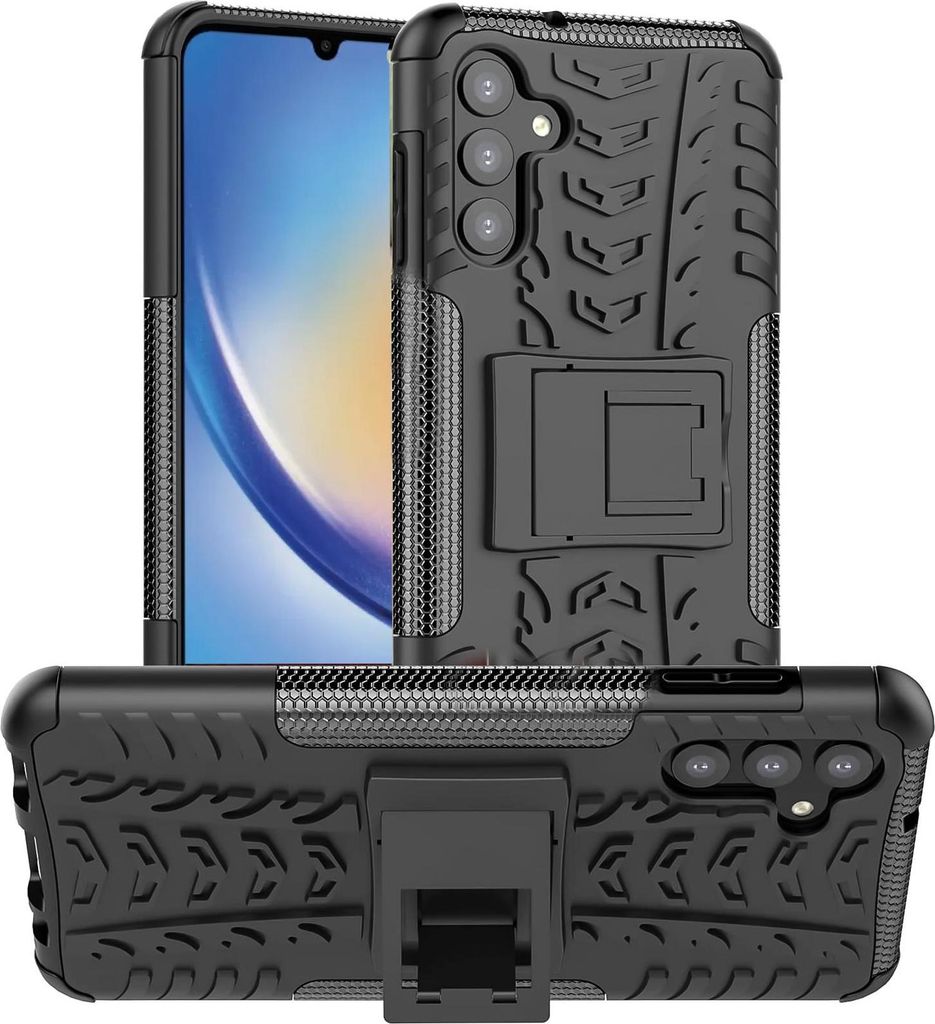 A black protective phone case with a tire tread pattern and a kickstand is shown from multiple angles.