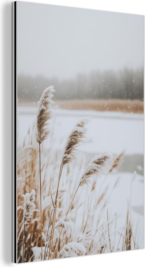 MuchoWow Wanddekoration Metall Metallbild Wandkunst 40x60 cm Schilf - See - Winter - Natur - Schnee - Beige MuchoWow Aluminium Gemälde - Wanddekor...
