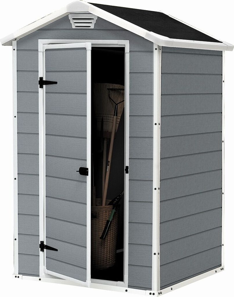 A gray Keter Manor 43 shed with its doors open, revealing gardening tools inside.