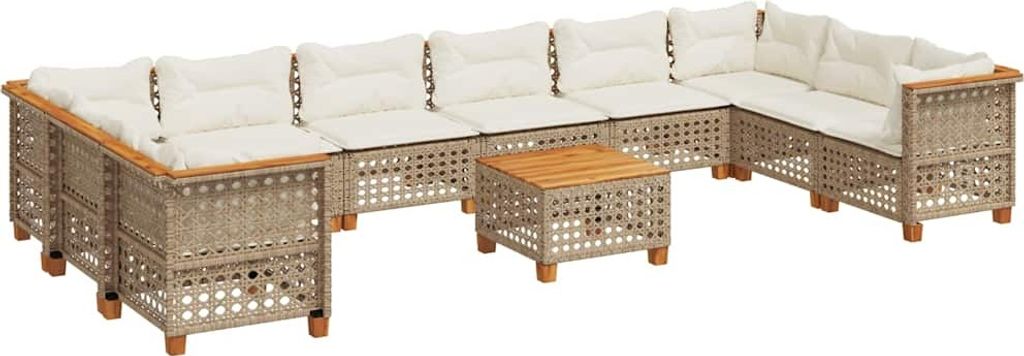 11-tlg. Garten-Sofagarnitur mit Kissen Beige Poly Rattan