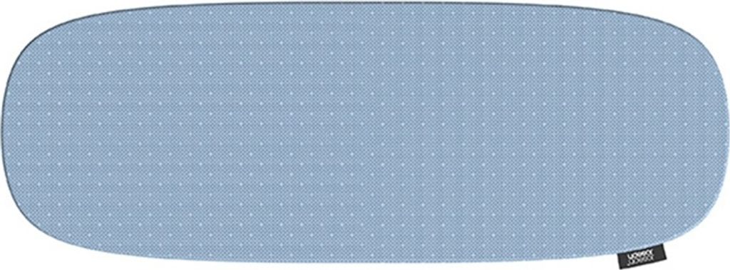 A light blue ironing board with white polka dots.