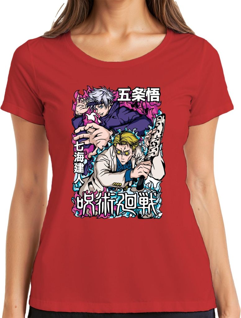 Jujutsu Kaisen Gojo Satoru Nanami Kento Manga Geschenk Retro Damen T-Shirt, Rot, XXL