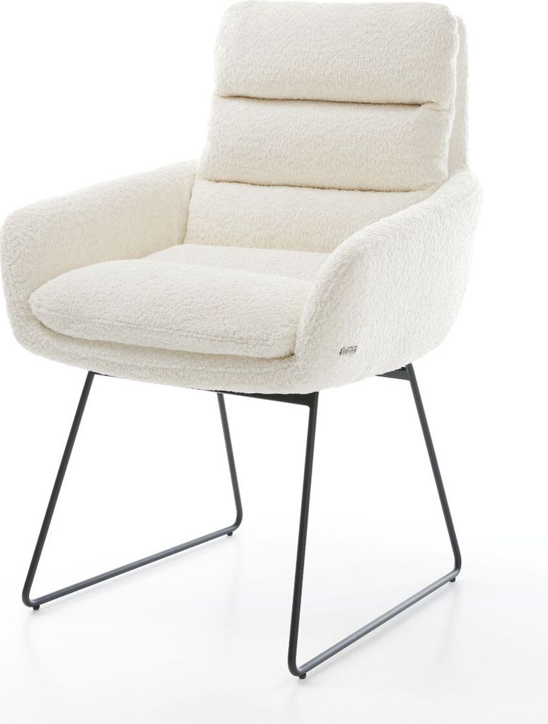 DELIFE Esszimmerstuhl Abelia-Flex mit Armlehnen Bouclé Weiß Kufengestell Schwarz