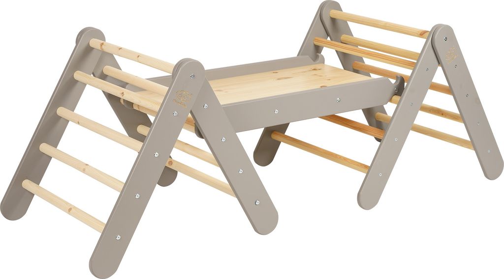 MEOWBABY Klettergerüst für Kinder - Indoor Set zwei Kletterdreiecke mit einer Rutsche/Kletterwand, Montessori Spielgeräte Pikler aus Holz, Grau