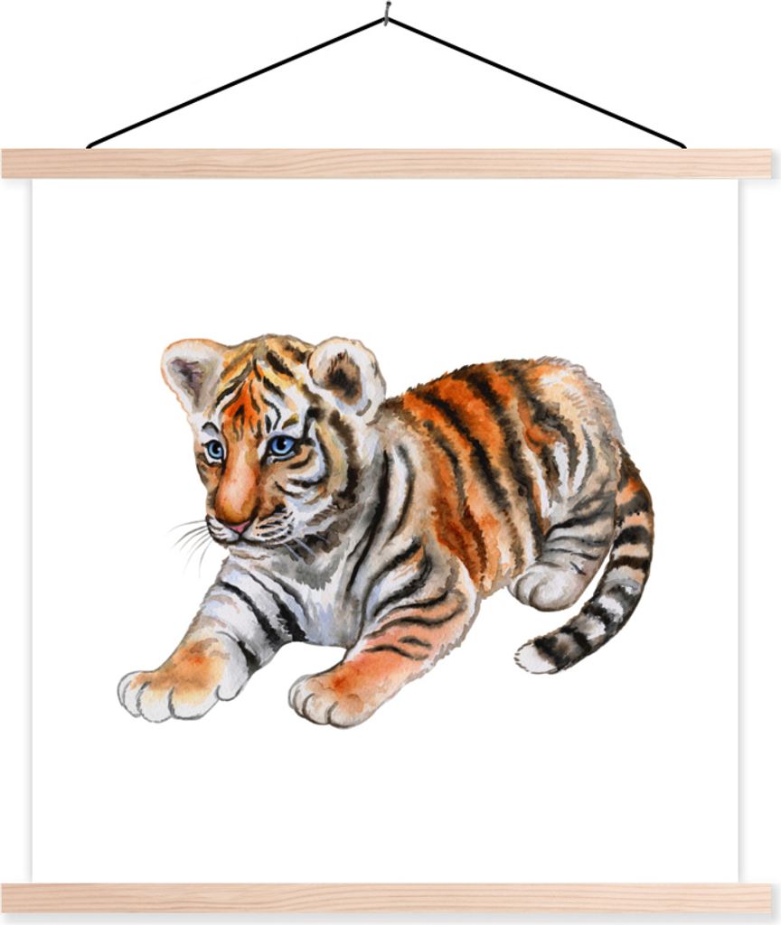 MuchoWow Textilposter Tiger - Baby - Orange 120x120 cm mit holzfarbenen Rahmen - Textil-Poster