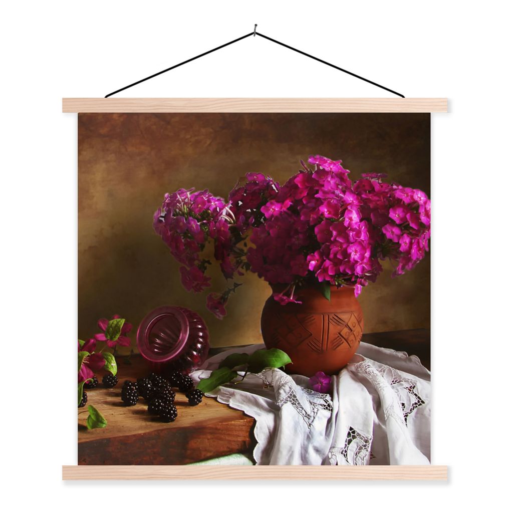 MuchoWow Textilposter Rustikal - Blumen - Rosa - Vase - Stilleben 40x40 cm mit holzfarbenen Rahmen - Posterleiste