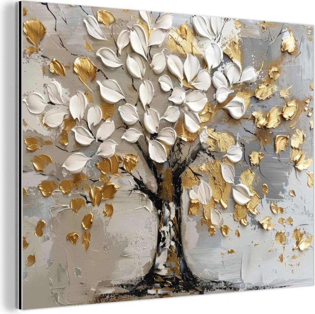 MuchoWow Wanddekoration Metall Metallbild Wandkunst 80x60 cm Baum - Beige - Grau - Gold - Abstrakt MuchoWow Aluminium Gemälde - Alubild