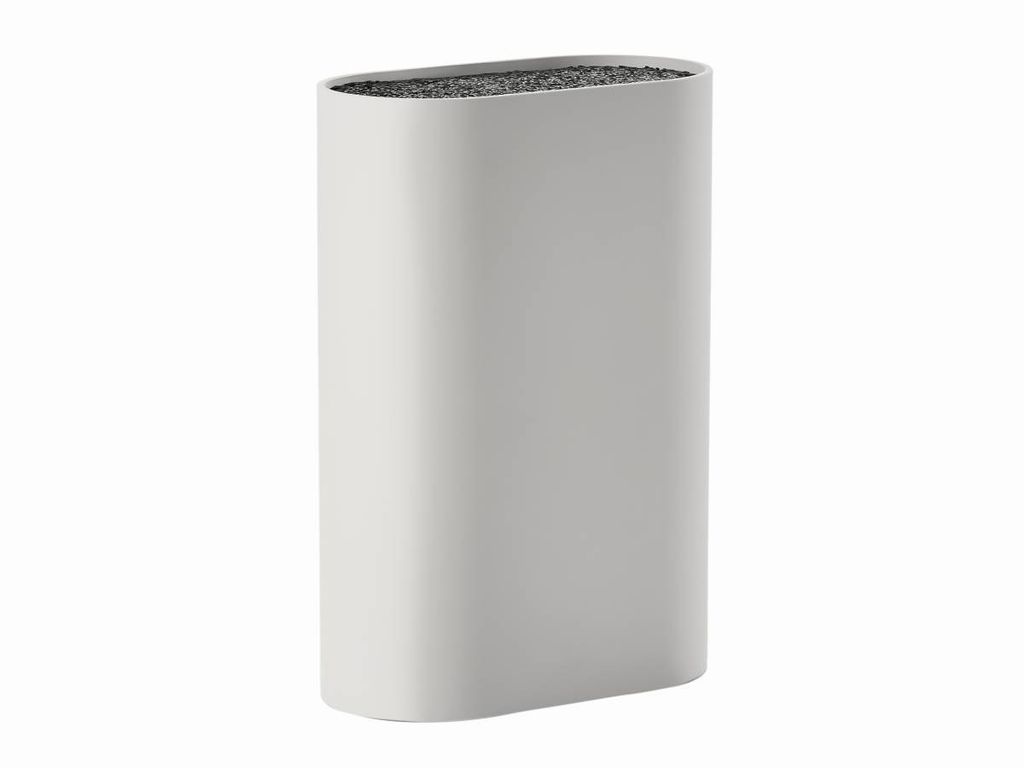 A knife block with a gray exterior and black interior filler.