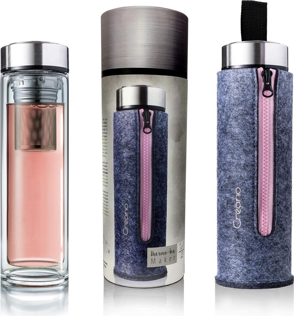 Doppelwandige Teeflas für Warm und Kalt - 400ml Rosa Thermosflasche mit Teesieb und Filztasche