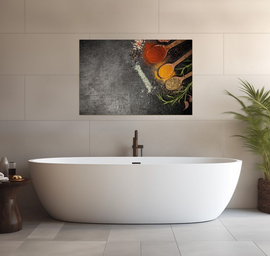 Wallario wasserfestes Poster selbstklebend 91,50 x 61 cm, Löffel mit verschiedenen Gewürzen, Badezimmerposter Spritzschutz mit Hochglanzoberfläc...