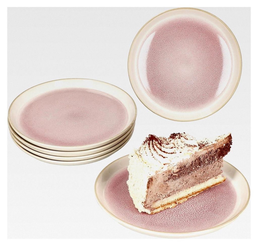 6-teiliges Set Reactive Glaze Paris Kuchenteller I Creme & Pink I Steingut-Frühstücksteller für 6 Personen I kleine Teller für Salat, Dessert u...