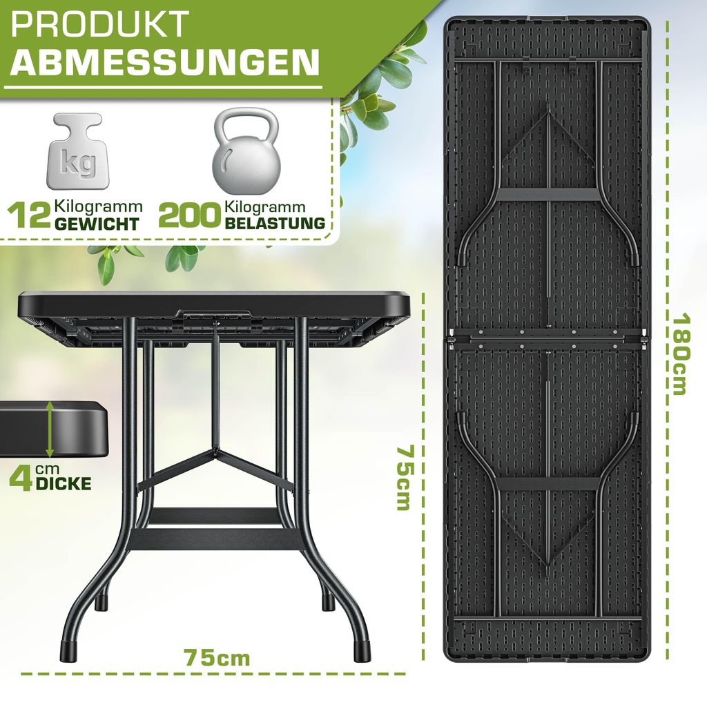 tillvex Gartentisch 180x75cm Schwarz klappbar Kunststoff