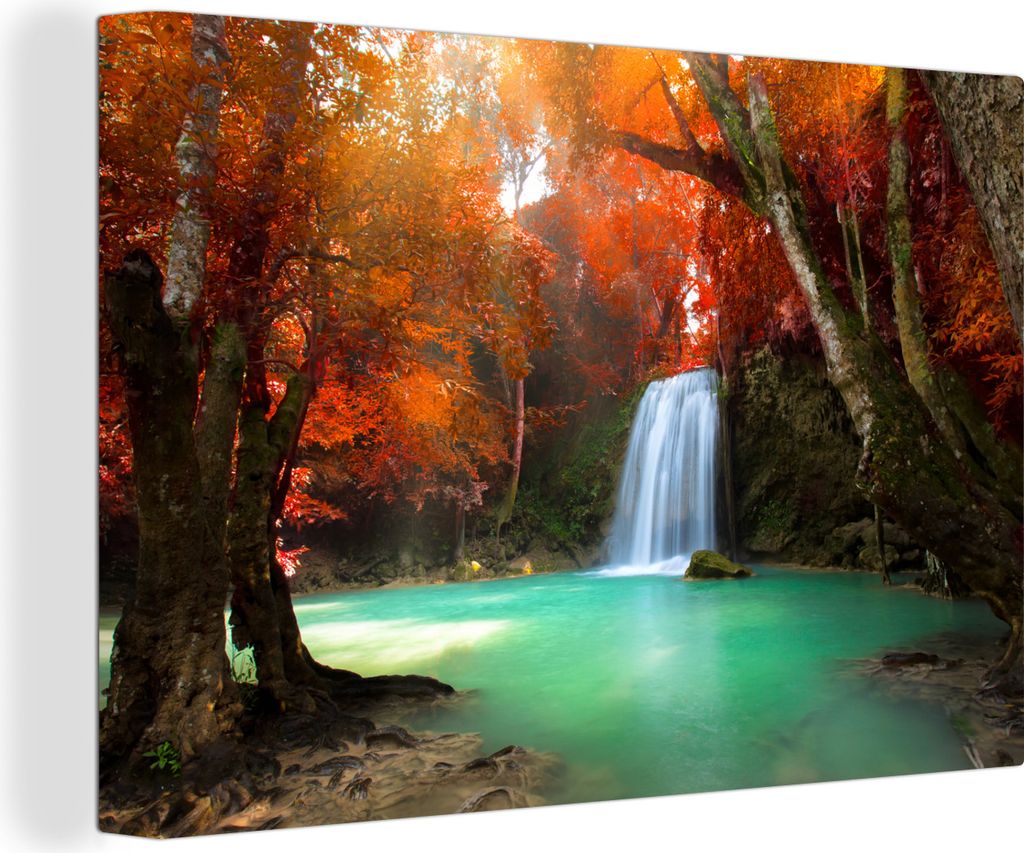 OneMillionCanvasses - Leinwandbilder - 150x100 cm, Herbst - Wasserfall - Wald, Wandbilder Kunstdruck Wanddekoration