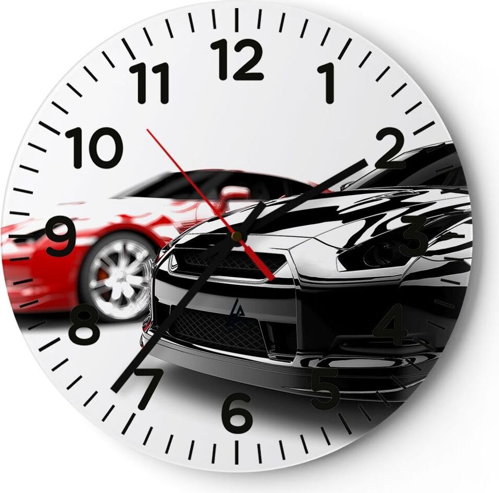 Wanduhr - Rund - Glasuhr - Autos Sport Eleganz - 40x40cm - Schleichendes Uhrwerk - Lautlos - zum Aufhängen bereit - Dekoration Modern - Wanddekora...
