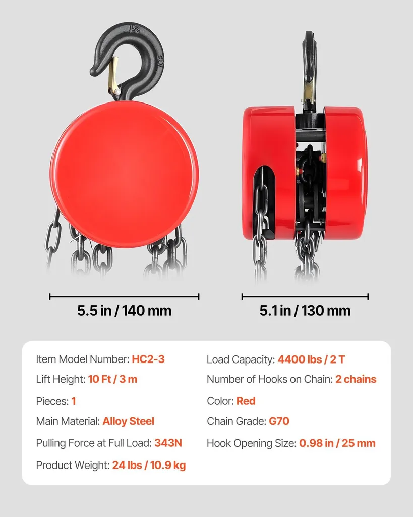 Palan à chaîne manuel 2 tonnes avec chaîne G70 de 3m - Version rouge pro - 7