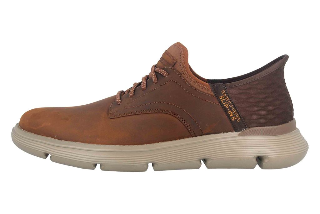 Side view of a single brown sneaker.