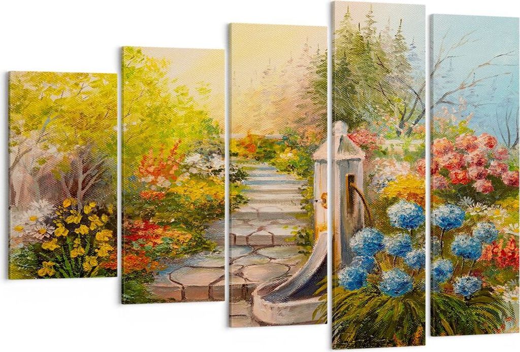 Bild auf Leinwand - Leinwandbild - Garten Blumen Sommer - 150x100cm - Wand Bild - Wanddeko - Leinwanddruck - Bilder - Kunstdruck - Wanddekoration -...