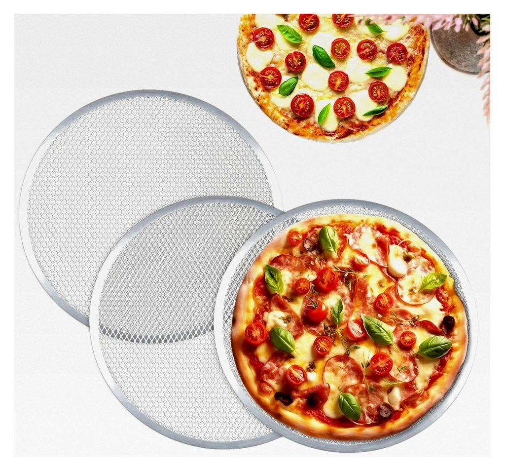 Rundes Pizzablech 33 cm/13 Zoll, gelocht, 3er Set aus Aluminium, antihaftbeschichtet für Ofen, Pizza und Flammkuchen