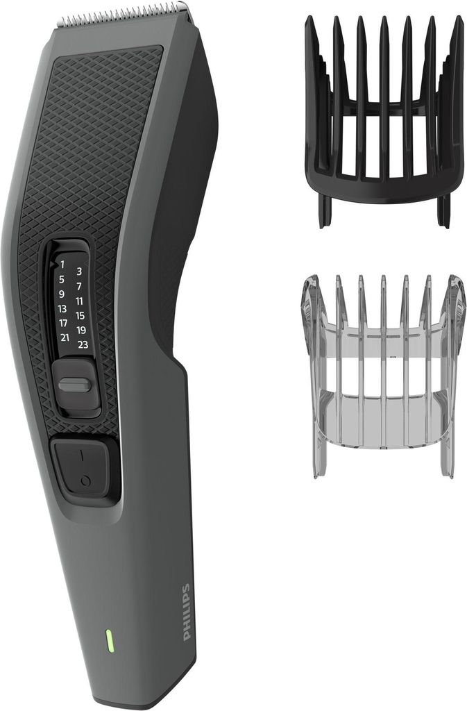 A hair clipper and its accessories are displayed against a white background.