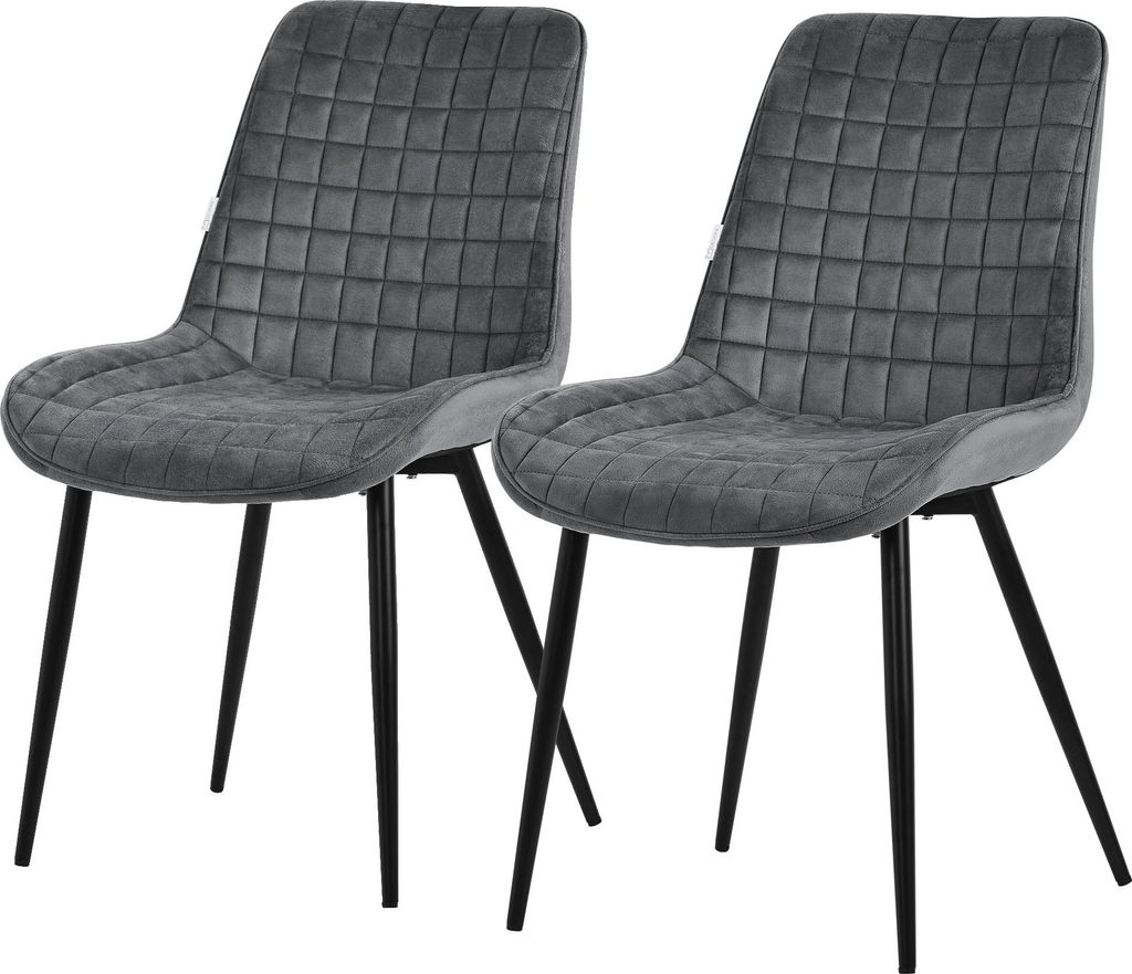 Two gray upholstered chairs with black metal legs are shown against a white background.